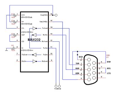 Schaltplan eines MAX232 RS232-Wandlers mit DB9-Anschluss