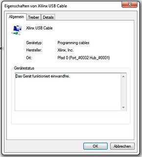 Windows Eigenschaften-Fenster Xilinx USB Cable