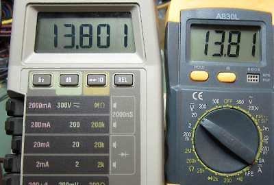 Zwei Multimeter mit Messwert 13,8 V