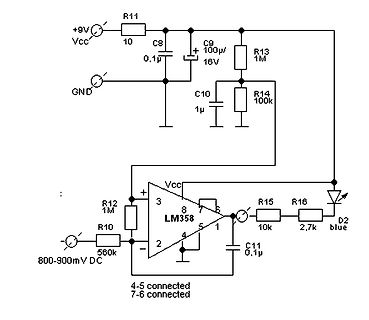 Schaltplan mit LM358 Operationsverstärker und LED