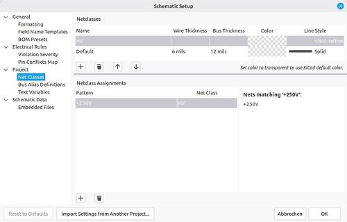 Einstellungen der Netklassen in KiCad