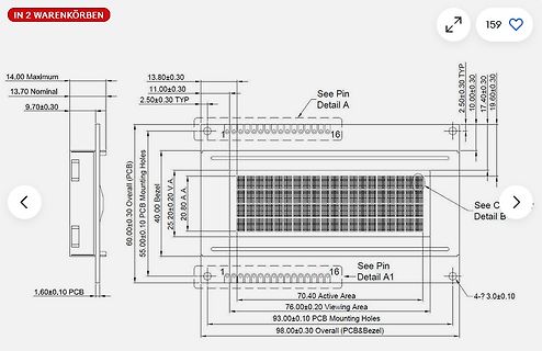 Technische Zeichnung mit Abmessungen eines LCD-Moduls