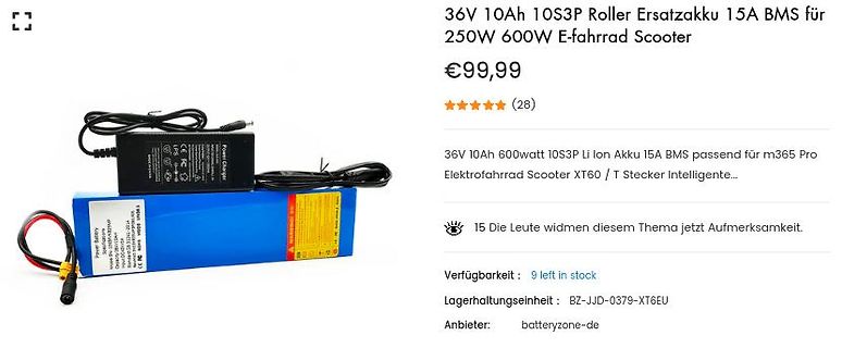 E-Scooter Akku mit Ladegerät und Shop-Angebot