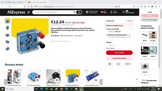 AliExpress Produktseite für Wasserstoff-Brennstoffzelle