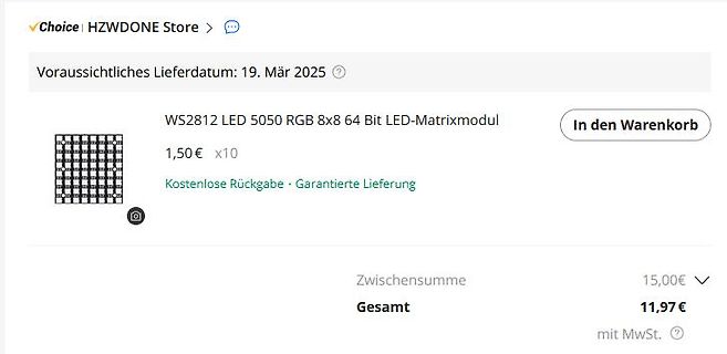 Screenshot eines Online-Shops für ein LED-Matrixmodul