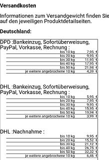 Tabelle mit Versandkosten für DPD und DHL