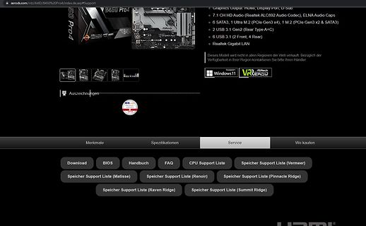 Webseite eines ASRock B450 Pro4 Mainboards