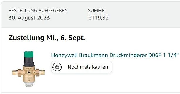 Bestellbestätigung eines Honeywell Druckminderers