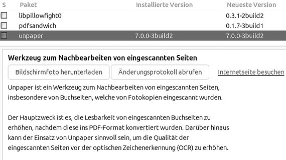 Software-Interface von Unpaper zur Nachbearbeitung gescannter Seiten