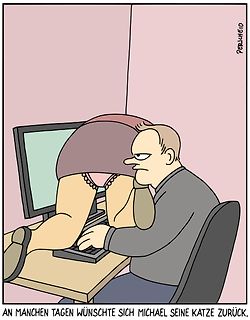 Comic von Mann am Computer mit Frau auf Schoß
