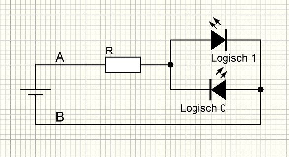 Schaltplan mit Widerstand und zwei LEDs zur Logik-Anzeige