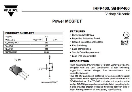 Datenblatt eines Vishay IRFP460 Power MOSFET