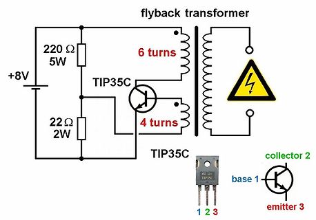 Schaltplan eines Flyback-Transformators mit TIP35C Transistor
