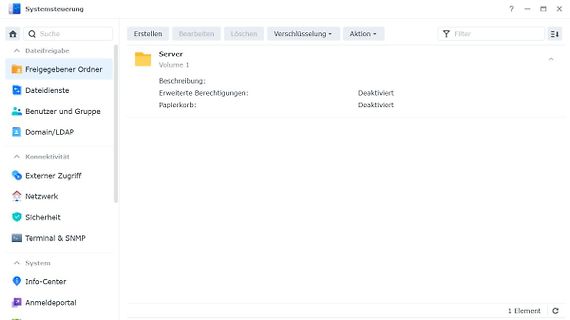 Screenshot einer Systemsteuerung für Server-Dateifreigaben