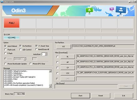 Software Odin3 Fehlermeldung Re-Partition failed