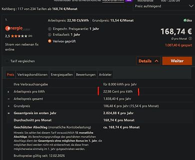 Stromtarif Vergleichsergebnisse Website