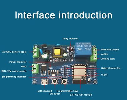 Beschriftete Leiterplatte mit ESP32-C3 Modul und Relais