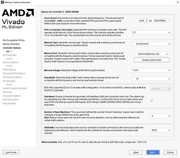 Software-Konfigurationsmenü für AMD Vivado Memory Interface Generator