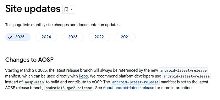 Website-Update-Seite für AOSP Release-Branches
