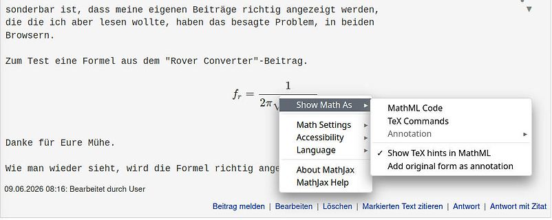 Screenshot eines Forenbeitrags mit MathJax-Menü