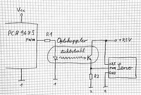 Handgezeichneter Schaltplan mit PCA9685 und Optokoppler