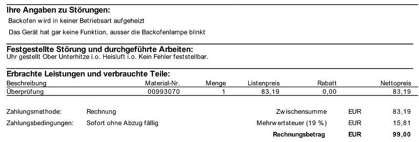 Auszug aus einer Reparaturrechnung für einen Backofen