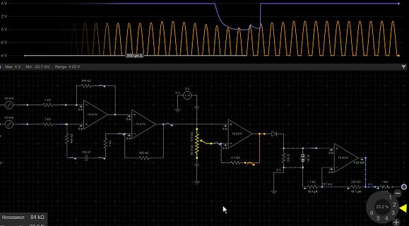 Schaltplan und Oszilloskop-Messung in Simulationssoftware