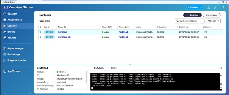 Screenshot einer Docker Container Station Benutzeroberfläche