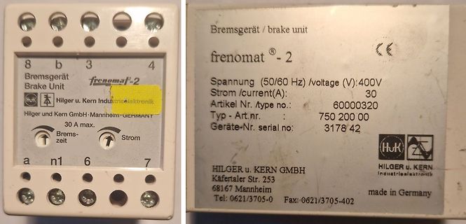 Bremsgerät Frenomat-2 Typenschild und Anschlussklemmen