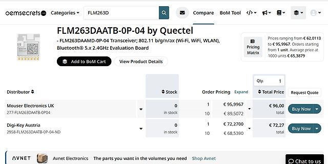 Webseite eines Elektronik-Distributors mit Preisinformationen