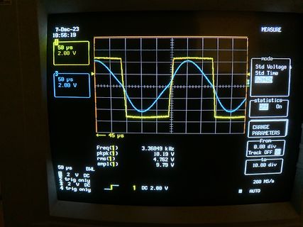 Oszilloskop-Display mit Sinus- und Rechtecksignal