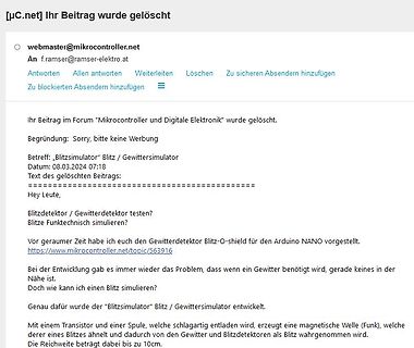 Screenshot einer Forenmeldung über einen gelöschten Beitrag