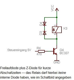 Schaltplan Relaissteuerung mit Freilaufdiode und Zenerdiode