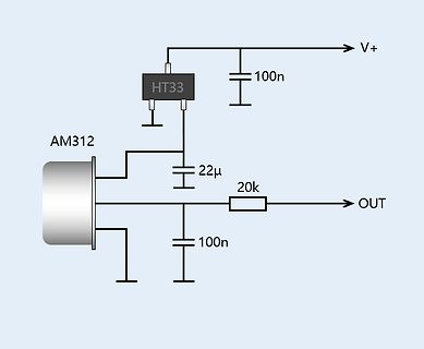 Schaltplan mit HT33, AM312 und passiven Bauelementen
