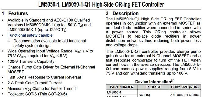 Datenblatt Ausschnitt LM5050-1 High-Side OR-ing FET Controller