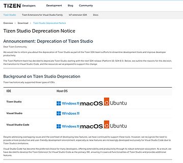 Tizen Studio Deprecation Notice Webseite