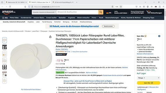 Amazon Produktseite für Labor Filterpapier