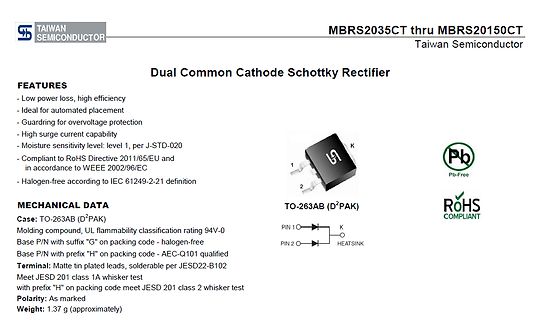 Datenblatt Ausschnitt Dual Common Cathode Schottky Rectifier