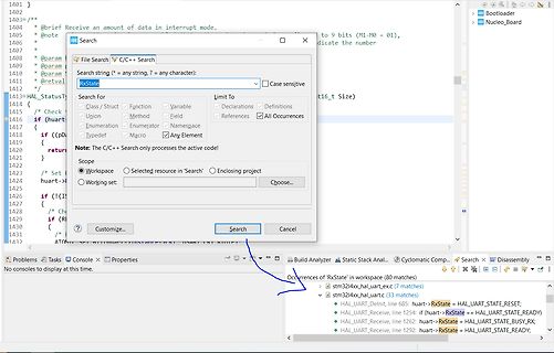 Screenshot einer Suchfunktion in einer Software-Entwicklungsumgebung