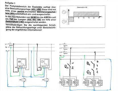 Handschriftliche Aufgabenstellung und Schaltplan einer Beleuchtungsanlage