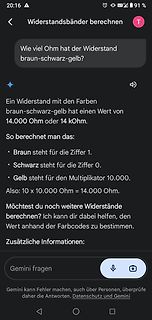 Screenshot einer KI-Antwort zur Berechnung von Widerstandsbändern