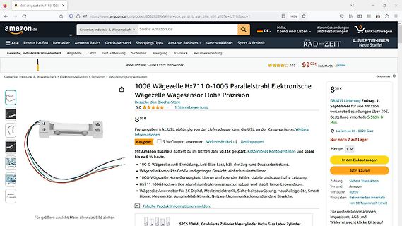 Amazon-Produktseite einer HX711 Waage