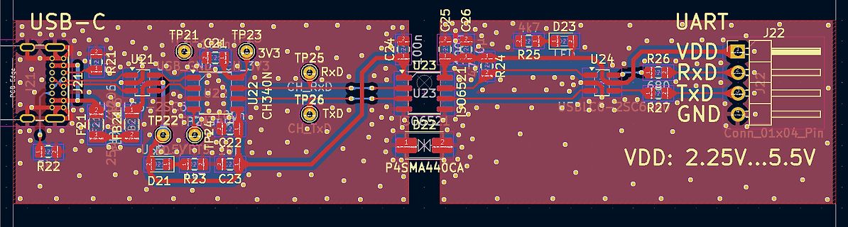 PCB-Layout einer Schnittstellenplatine mit USB-C und UART