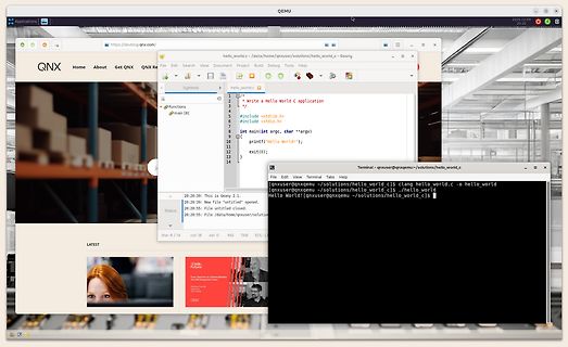 Screenshot einer QNX Entwicklungsumgebung mit C-Code und Terminal