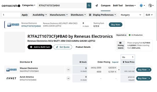 Webseite eines Elektronik-Distributors mit Bauteilinformationen