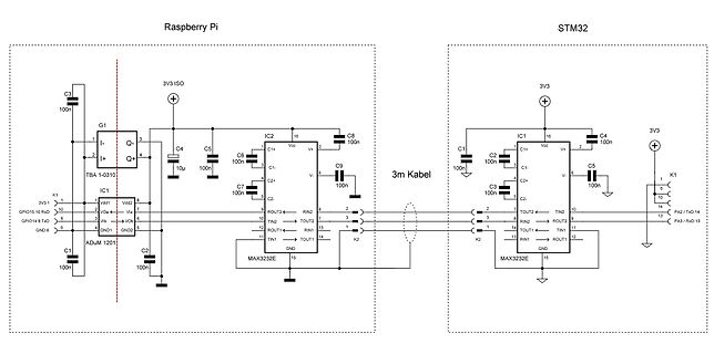 Schaltplan einer RS485-Schnittstelle zwischen Raspberry Pi und STM32