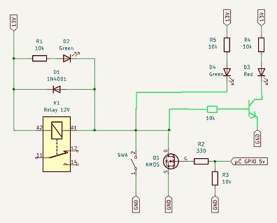 Schaltplan mit Relais, LEDs und NMOS-Transistor