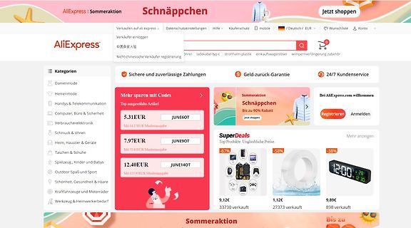 Screenshot der AliExpress Webseite