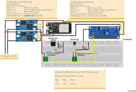 Fritzing-Visualisierung eines MOSFET-Schaltkreises auf Breadboard