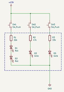 Schaltplan mit drei LED-Zweigen und Tastern